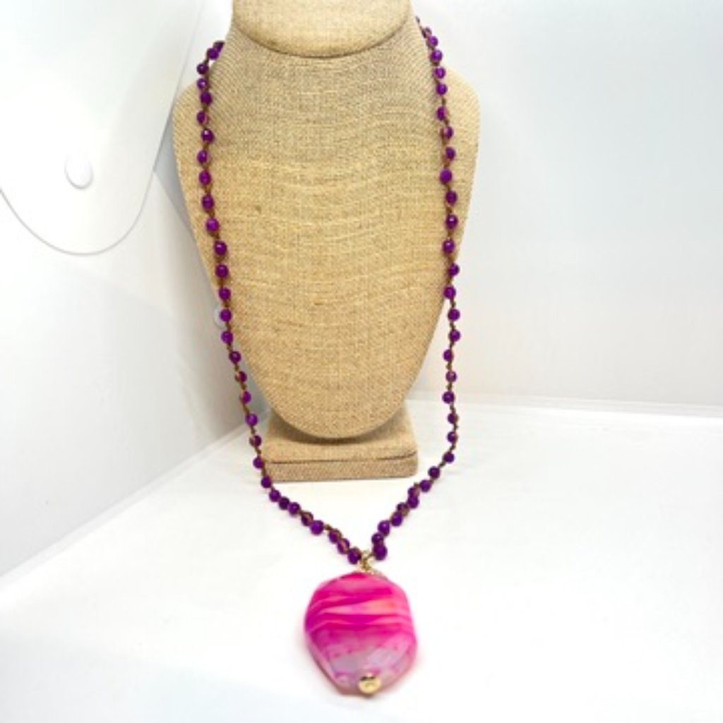 Pink Gemstone Beaded Mala Necklace Pink Agate Pendant Boho Chic Spring Summer